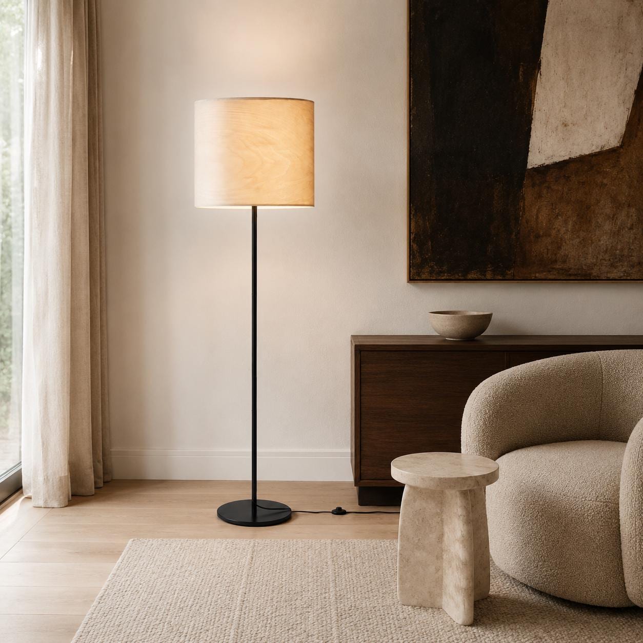 Organic Modern Floor Lamp with Natural Wood Veneer Shade for Living Room