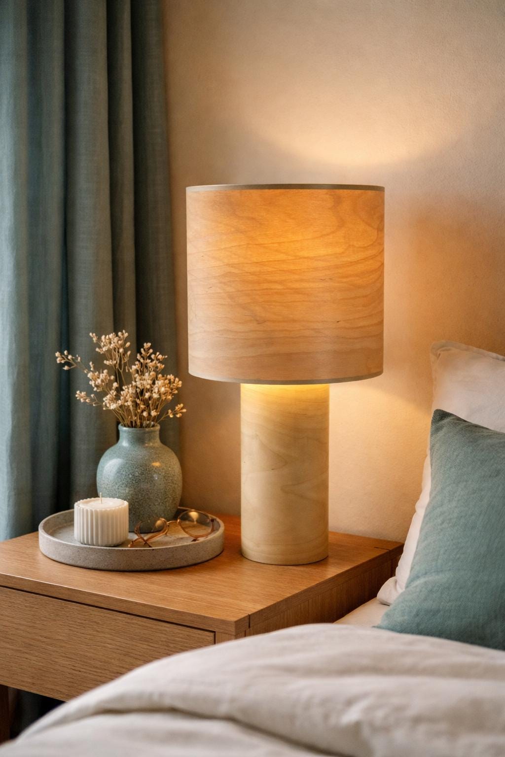 Japandi Table Lamp: Handmade Natural Wood Bedside Light