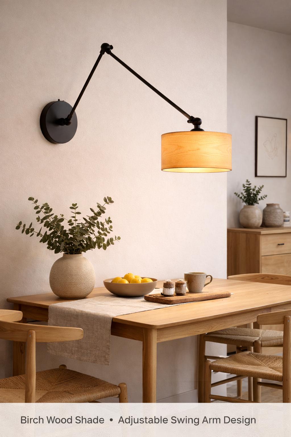 Lampa ścienna z abażur z brzozy - regulowana wysokość