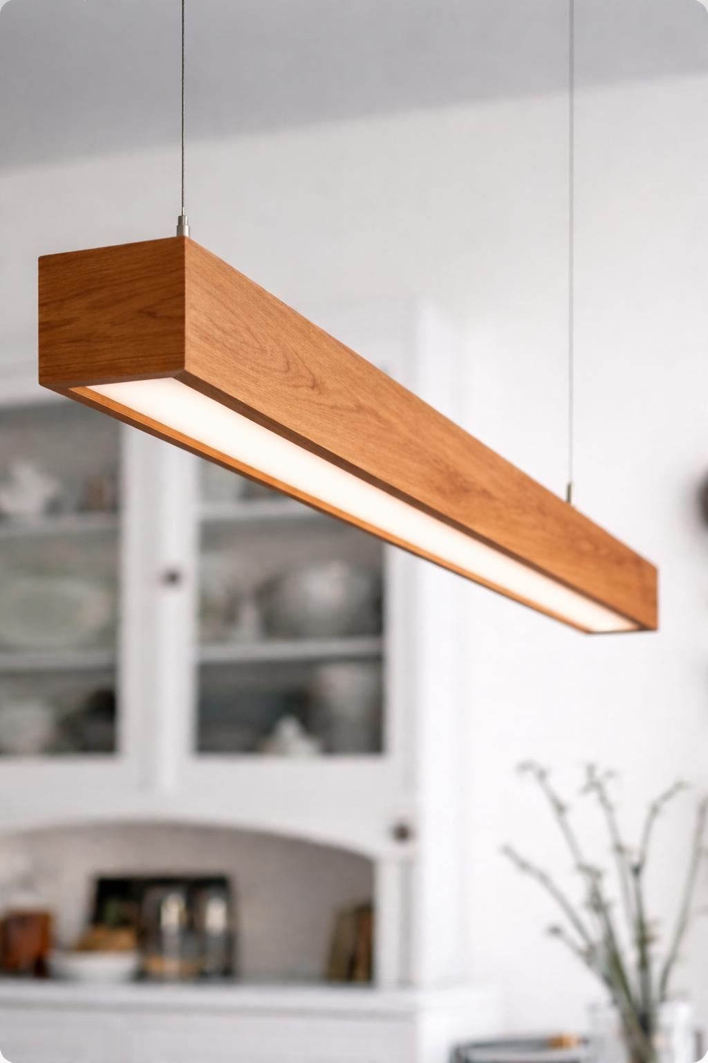 Handmade Cherry Wood Linear Pendant Light | Modern Kitchen Island Lighting Dimmable