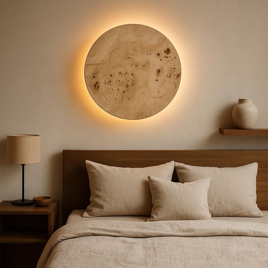 Burl Poplar Wood Wall Light: Round LED Sconce - Japandi Lighting
