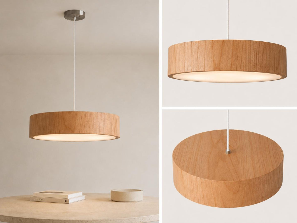 Drewniana lampa wisząca 50 cm – okrągła lampa z naturalnego forniru nad stół