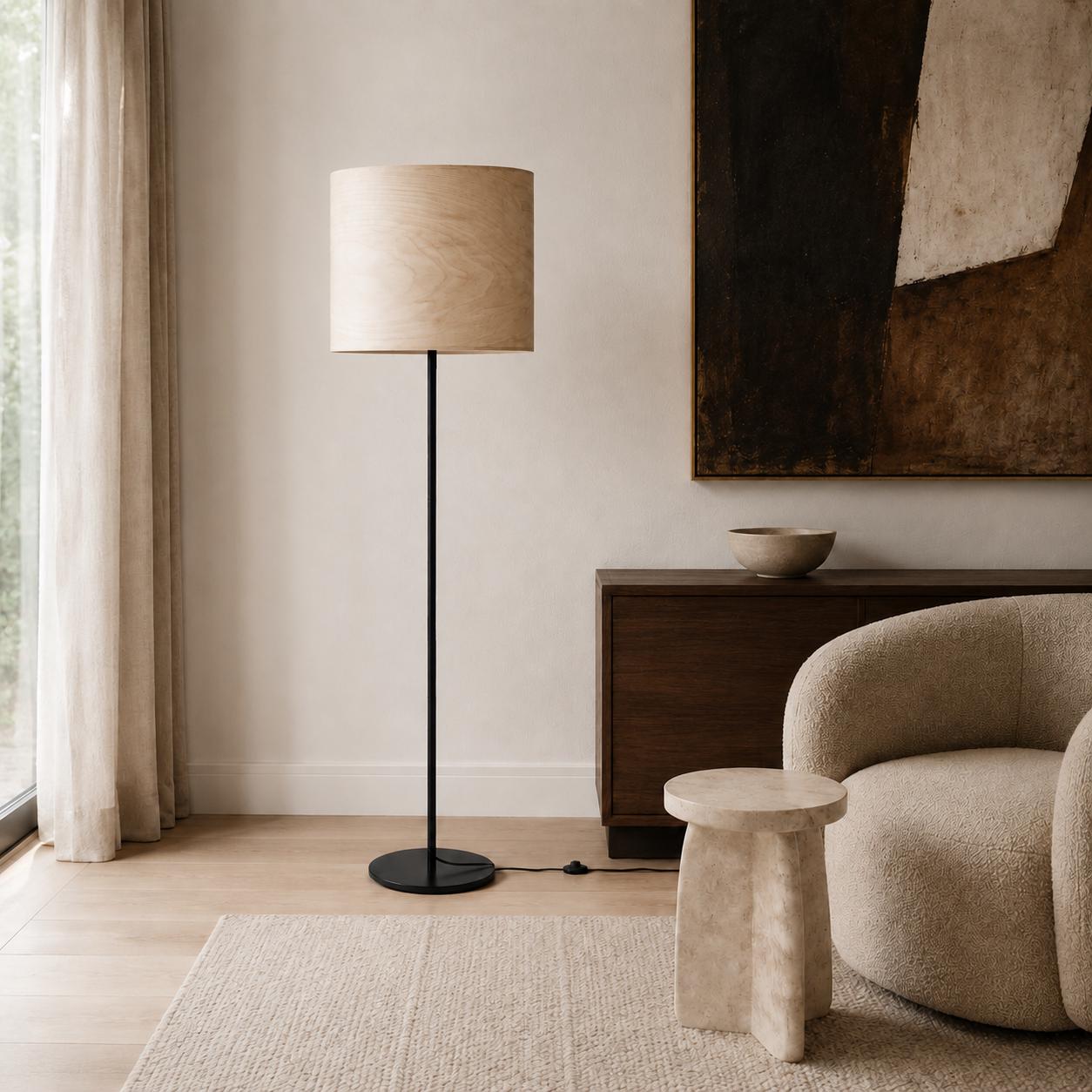 Organic Modern Floor Lamp with Natural Wood Veneer Shade for Living Room