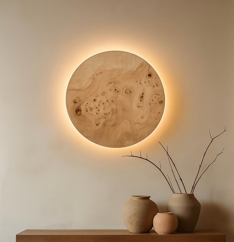 Burl Poplar Wood Wall Light: Round LED Sconce - Japandi Lighting