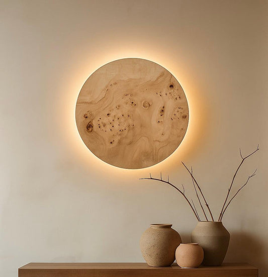 Burl Poplar Wood Wall Light: Round LED Sconce - Japandi Lighting