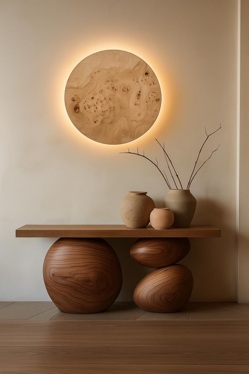 Burl Poplar Wood Wall Light: Round LED Sconce - Japandi Lighting