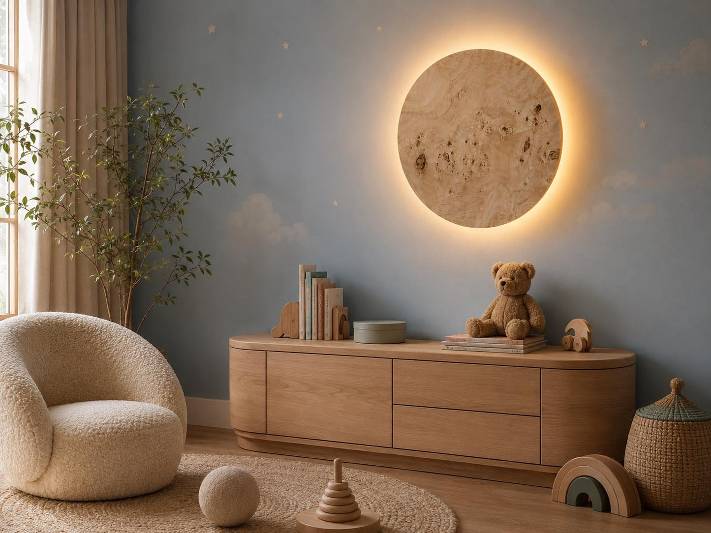 Burl Poplar Wood Wall Light: Round LED Sconce - Japandi Lighting