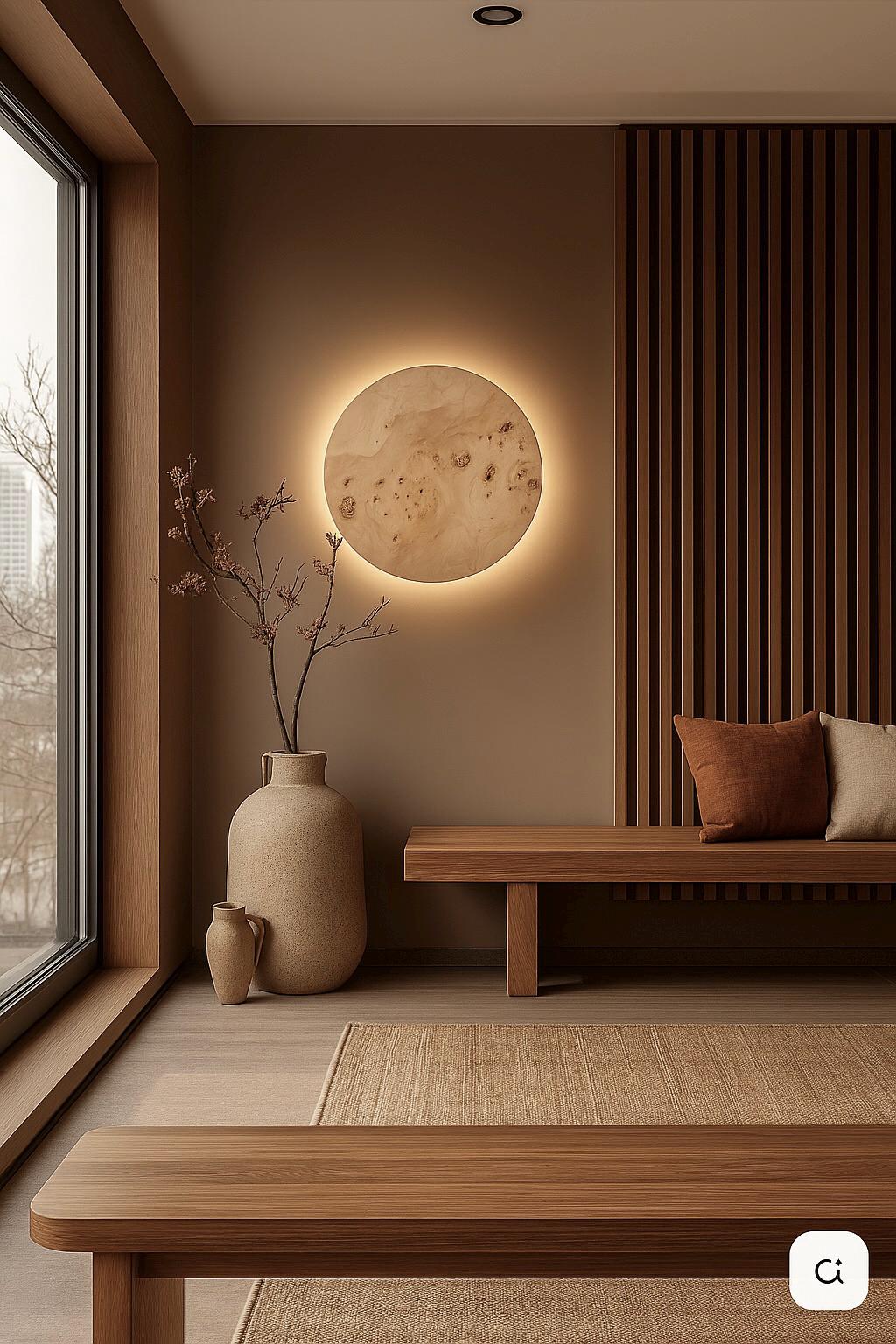 Burl Poplar Wood Wall Light: Round LED Sconce - Japandi Lighting