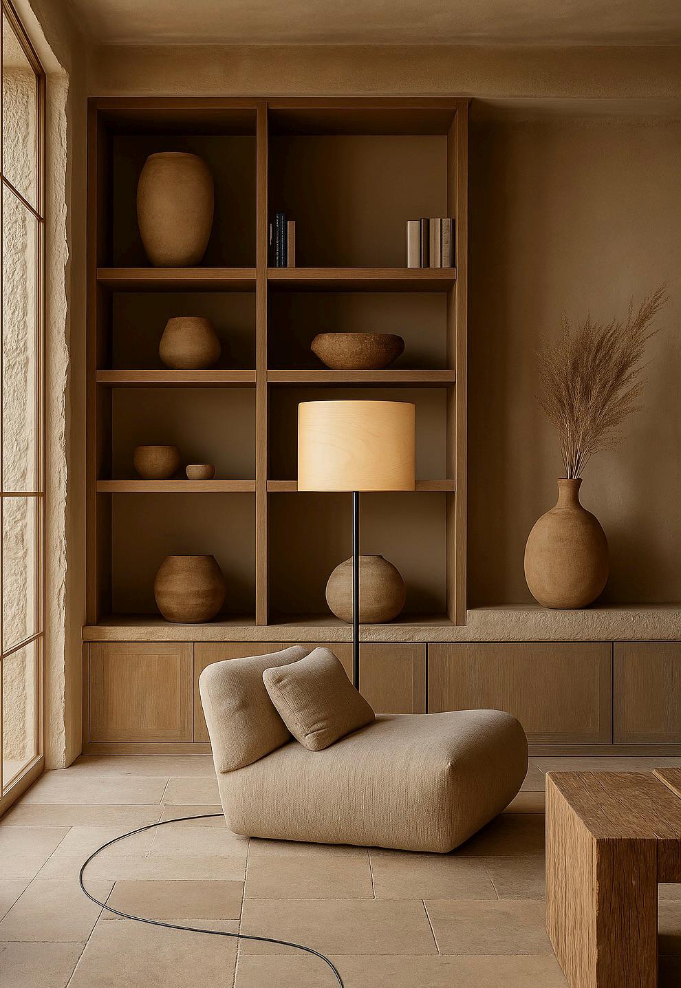 Organic Modern Floor Lamp with Natural Wood Veneer Shade for Living Room