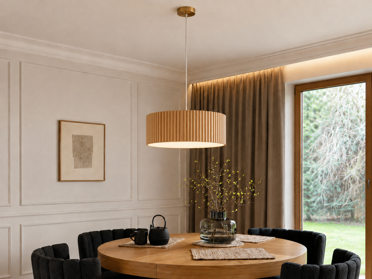 Drewniana lampa wisząca lamelowa 50 cm – dębowa lampa nad stół z dyfuzorem
