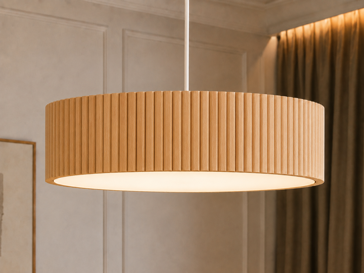 Drewniana lampa wisząca lamelowa 50 cm – dębowa lampa nad stół z dyfuzorem