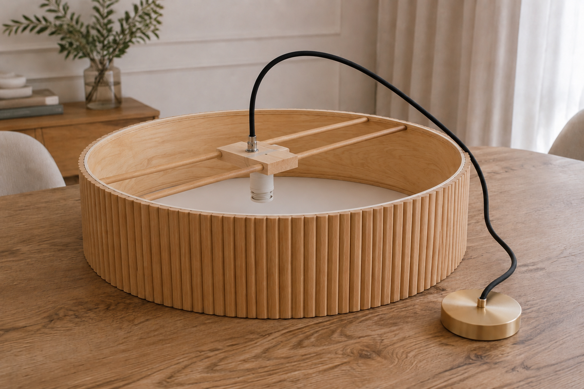 Drewniana lampa wisząca lamelowa 50 cm – dębowa lampa nad stół z dyfuzorem
