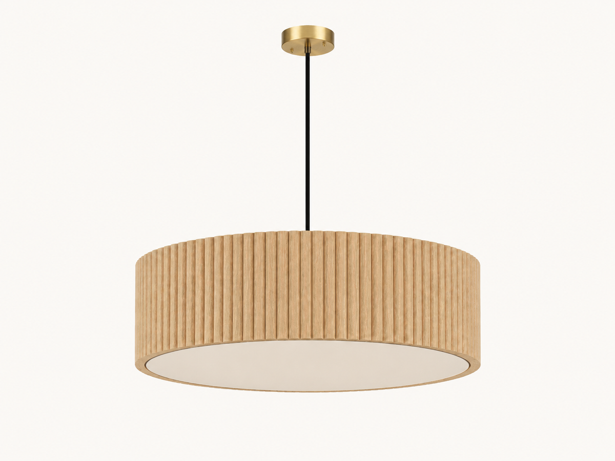 Drewniana lampa wisząca lamelowa 50 cm – dębowa lampa nad stół z dyfuzorem
