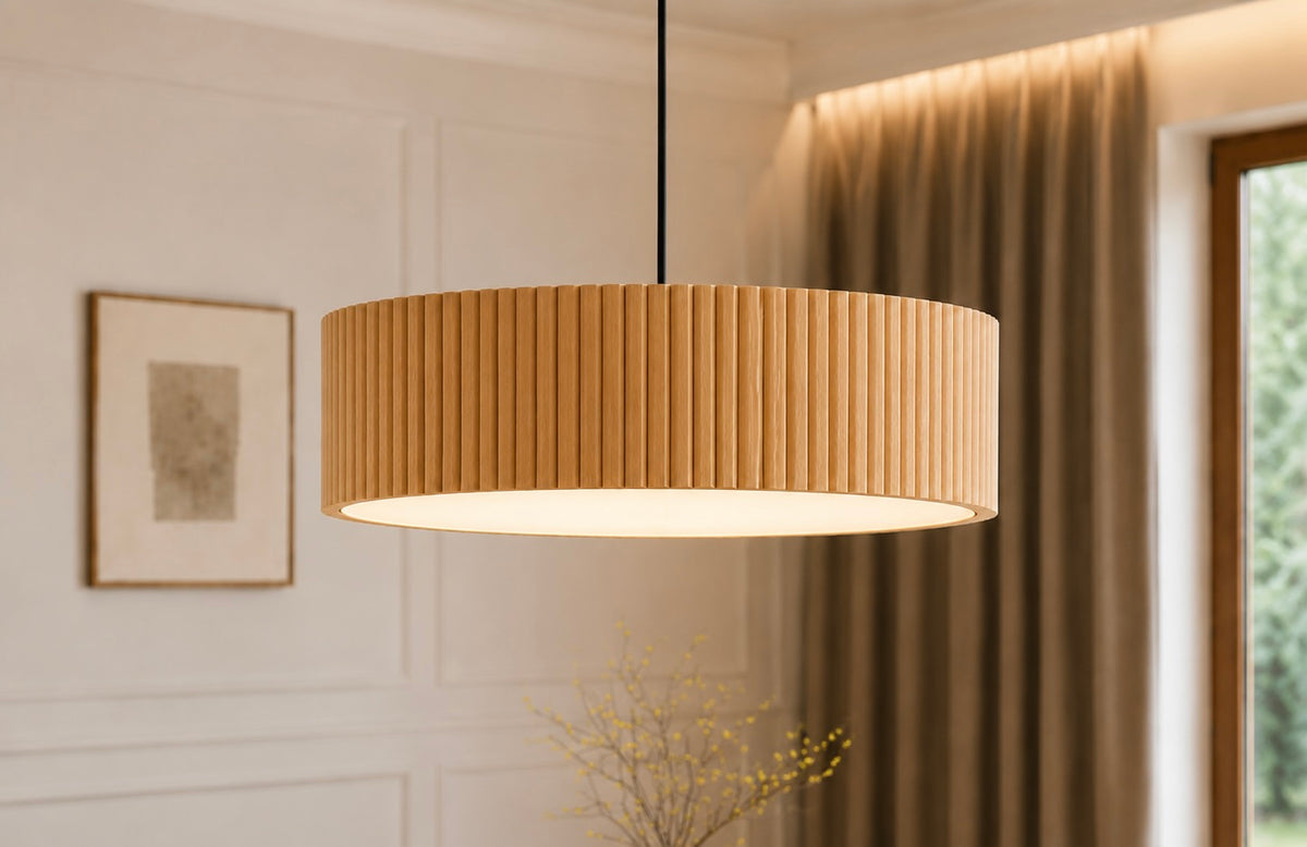 Drewniana lampa wisząca lamelowa 50 cm – dębowa lampa nad stół z dyfuzorem