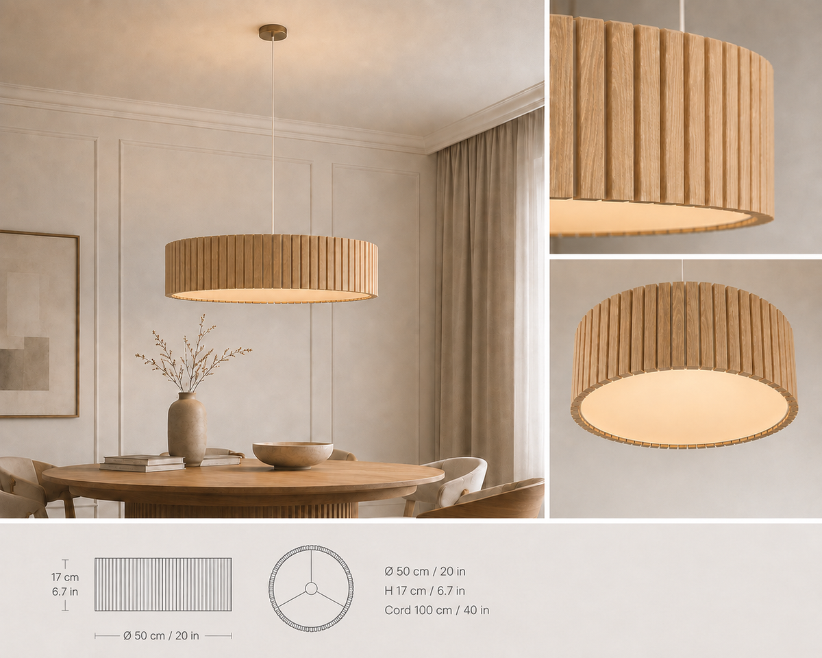 Drewniana lampa wisząca lamelowa 50 cm – dębowa lampa nad stół z dyfuzorem