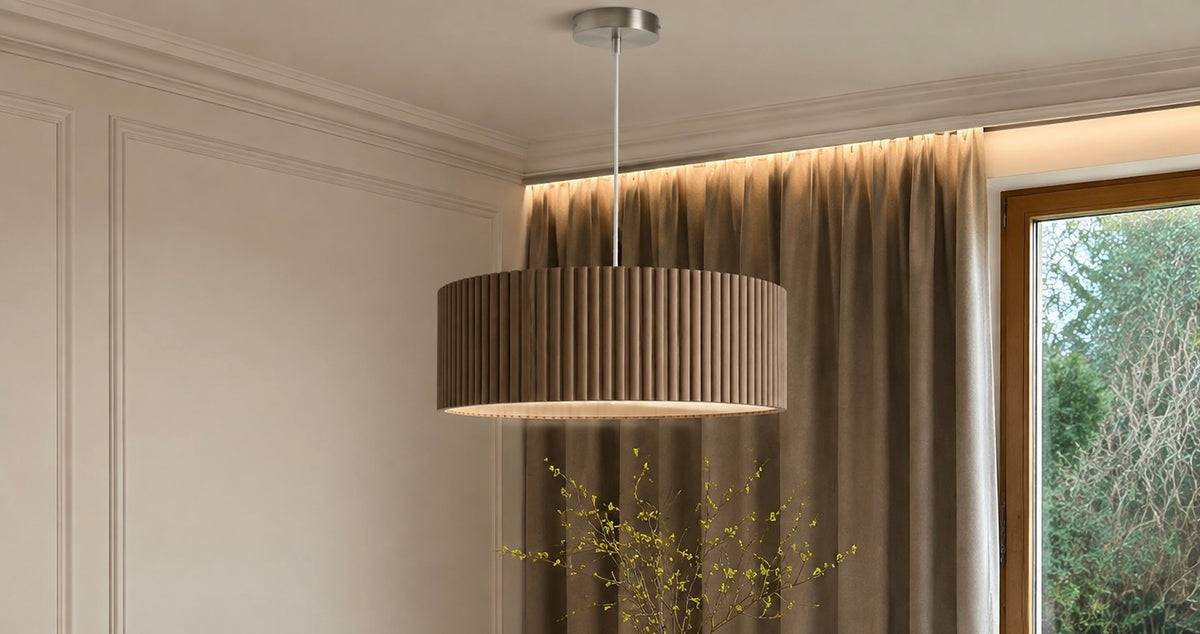 Drewniana lampa wisząca lamelowa 50 cm – dębowa lampa nad stół z dyfuzorem