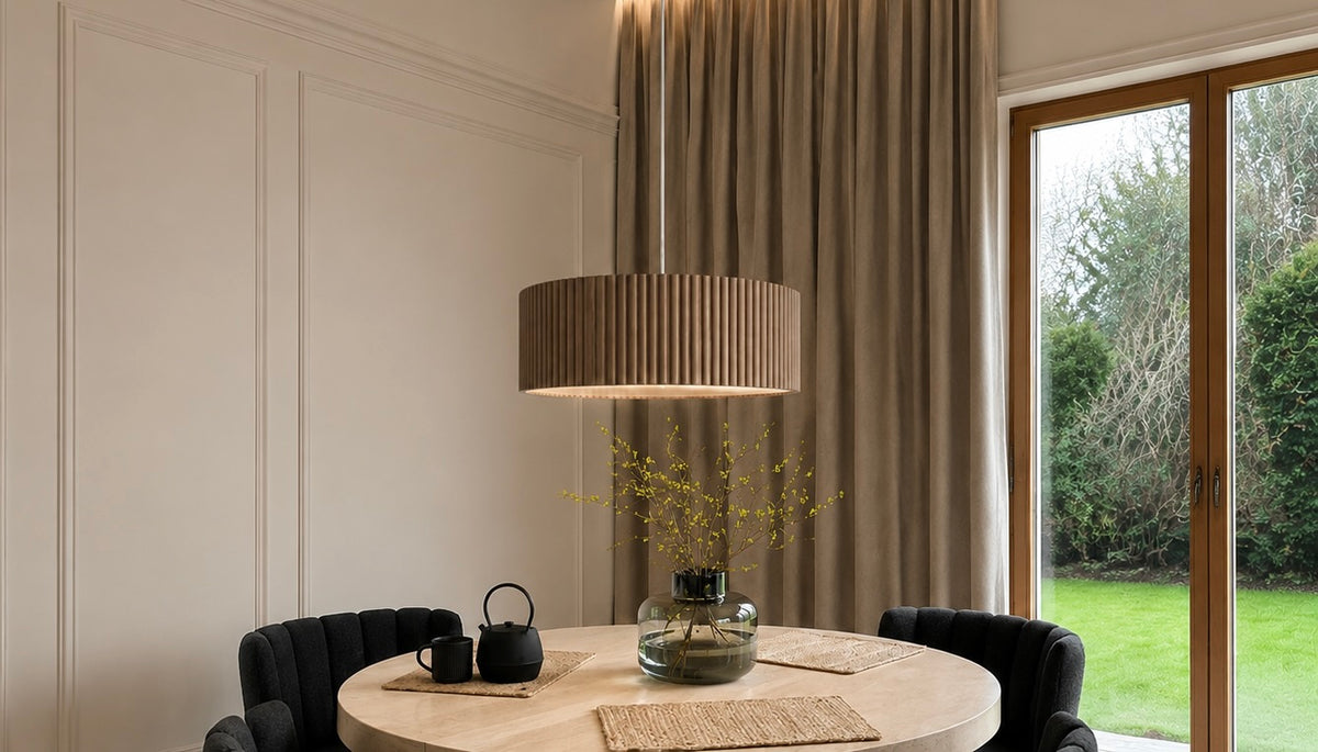 Drewniana lampa wisząca lamelowa 50 cm – dębowa lampa nad stół z dyfuzorem