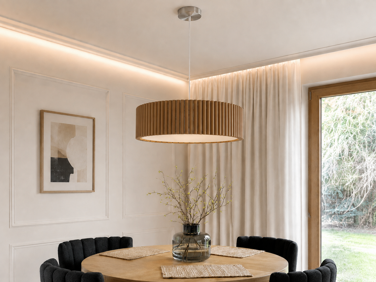 Drewniana lampa wisząca lamelowa 50 cm – dębowa lampa nad stół z dyfuzorem