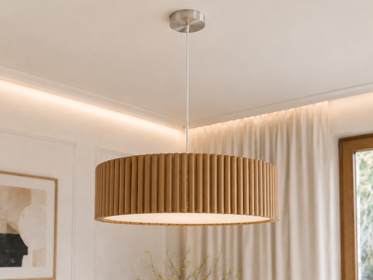 Drewniana lampa wisząca lamelowa 50 cm – dębowa lampa nad stół z dyfuzorem