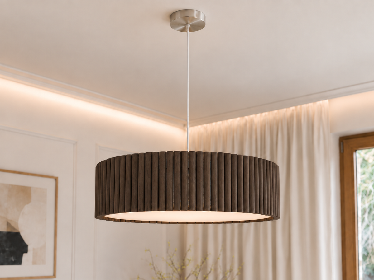 Drewniana lampa wisząca lamelowa 50 cm – dębowa lampa nad stół z dyfuzorem