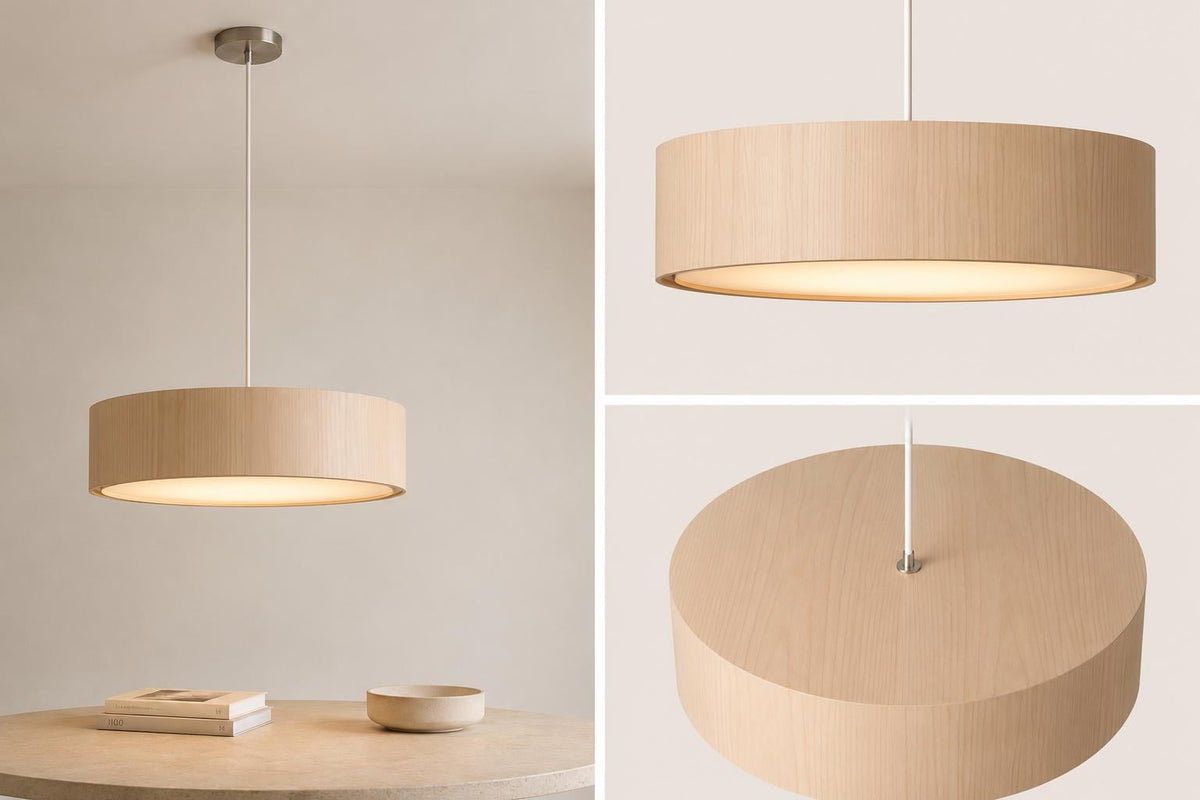 Drewniana lampa wisząca 50 cm – okrągła lampa z naturalnego forniru nad stół