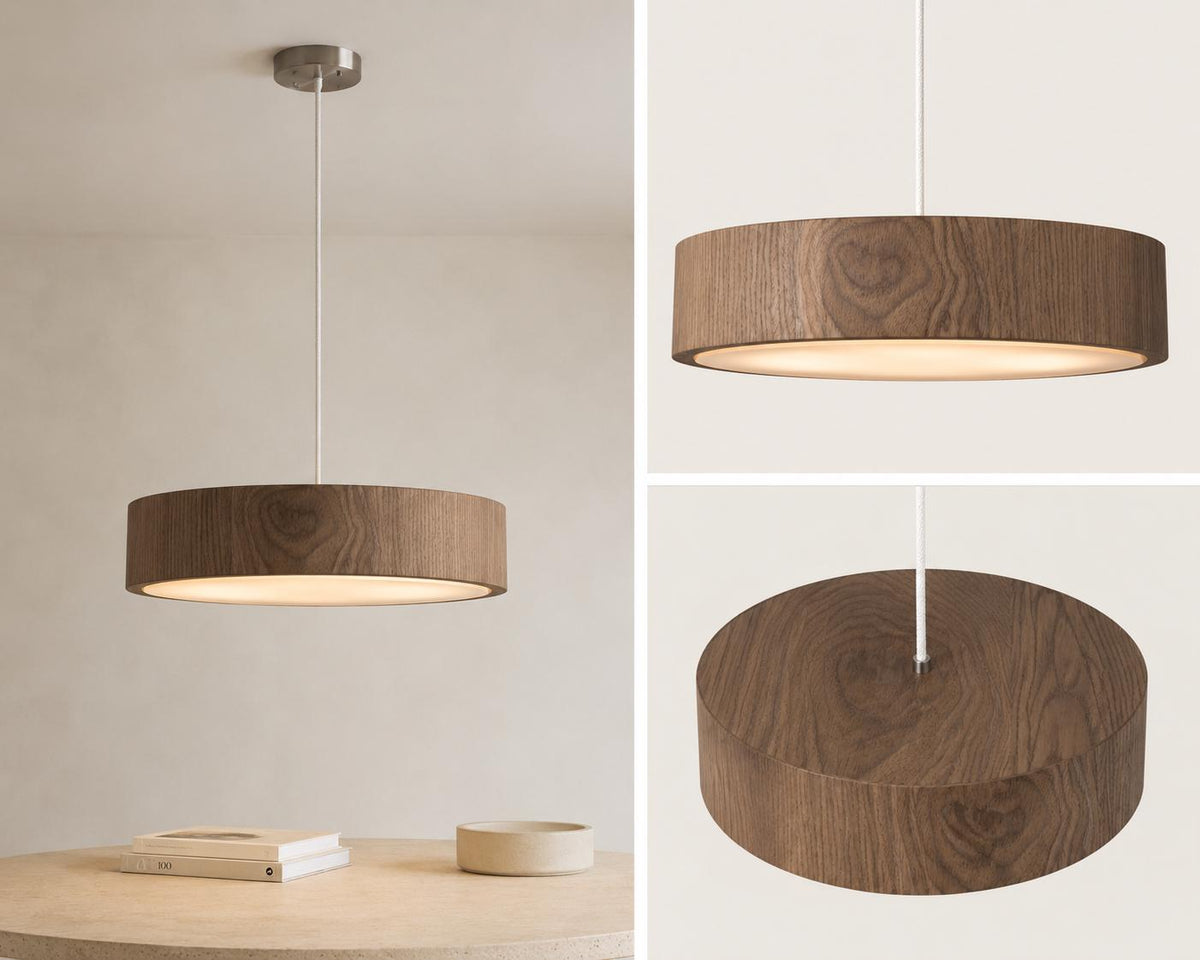 Drewniana lampa wisząca 50 cm – okrągła lampa z naturalnego forniru nad stół