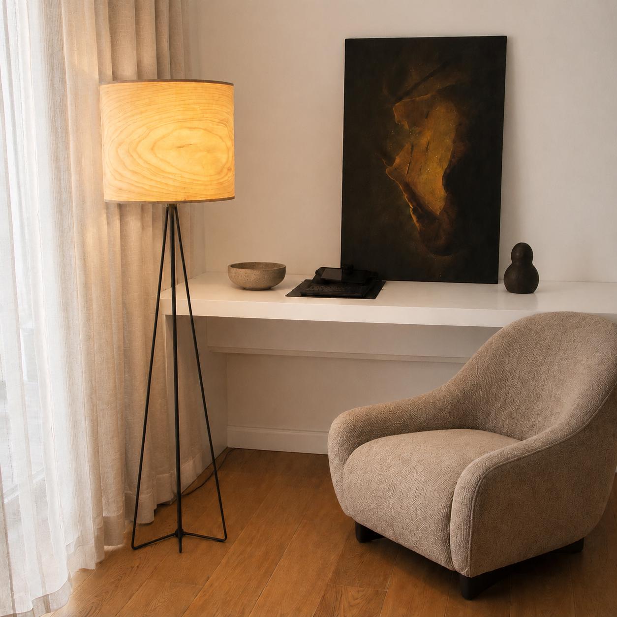 Organic Modern Floor Lamp with Natural Wood Veneer Shade for Living Room